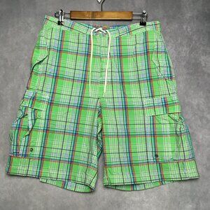 Polo RL Mens Plaid Swim Cargo Shorts size 34 Green Drawstring Cotton Nylon‎